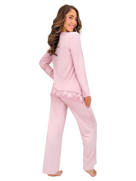 Pink viscose pajamas with lace - Ramona Long Pink - 3