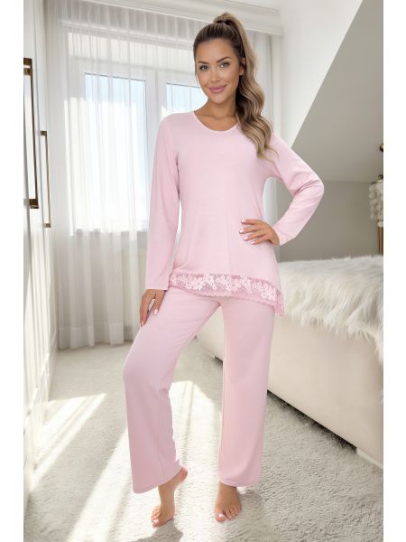 Pink viscose pajamas with lace - Ramona Long Pink