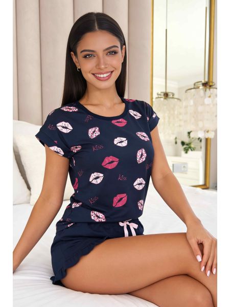 Women`s Navy Blue Cotton Pajamas - Kiss Short Dark Blue - 2