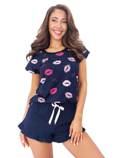Women`s Navy Blue Cotton Pajamas - Kiss Short Dark Blue - 3