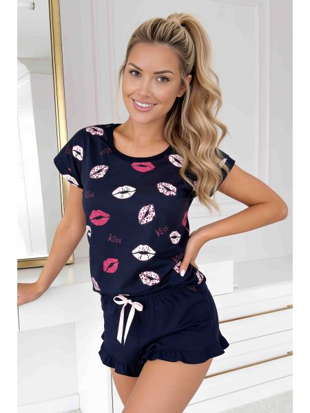 Women`s Navy Blue Cotton Pajamas - Kiss Short Dark Blue