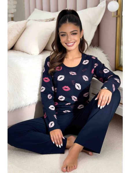 Long navy blue cotton pajamas - Kiss Long Dark Blue
