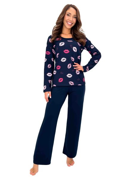 Long navy blue cotton pajamas - Kiss Long Dark Blue - 2