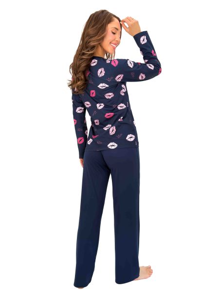 Long navy blue cotton pajamas - Kiss Long Dark Blue - 3
