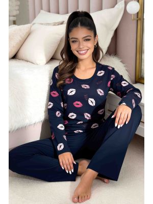 Long navy blue cotton pajamas - Kiss Long Dark Blue