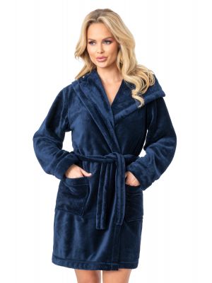 Warm women's dressing gown with hood - 101 navy blue