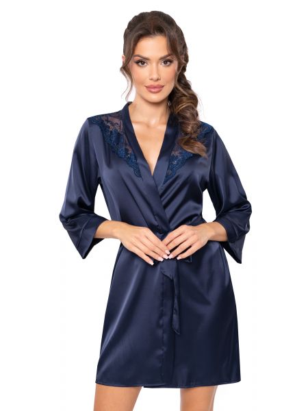 Satin dressing gown with lace - Mari dark blue - 2