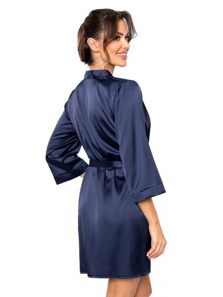 Satin dressing gown with lace - Mari dark blue - 3
